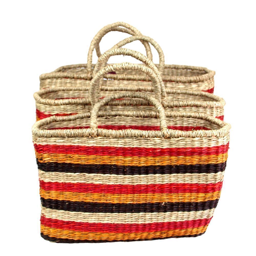 HANDCRAFTED SET OF 3 MULTICOLOR STRAW BASKET 3 SIZES SATCHEL HANDBAG PURSE